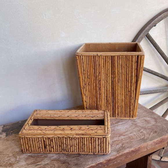 TIKI BAR BAMBOO WASTE CAN & TISSUE BOX COVER SET Vtg 50s-60’s Mid-Century RARE!! - Picture 12 of 13